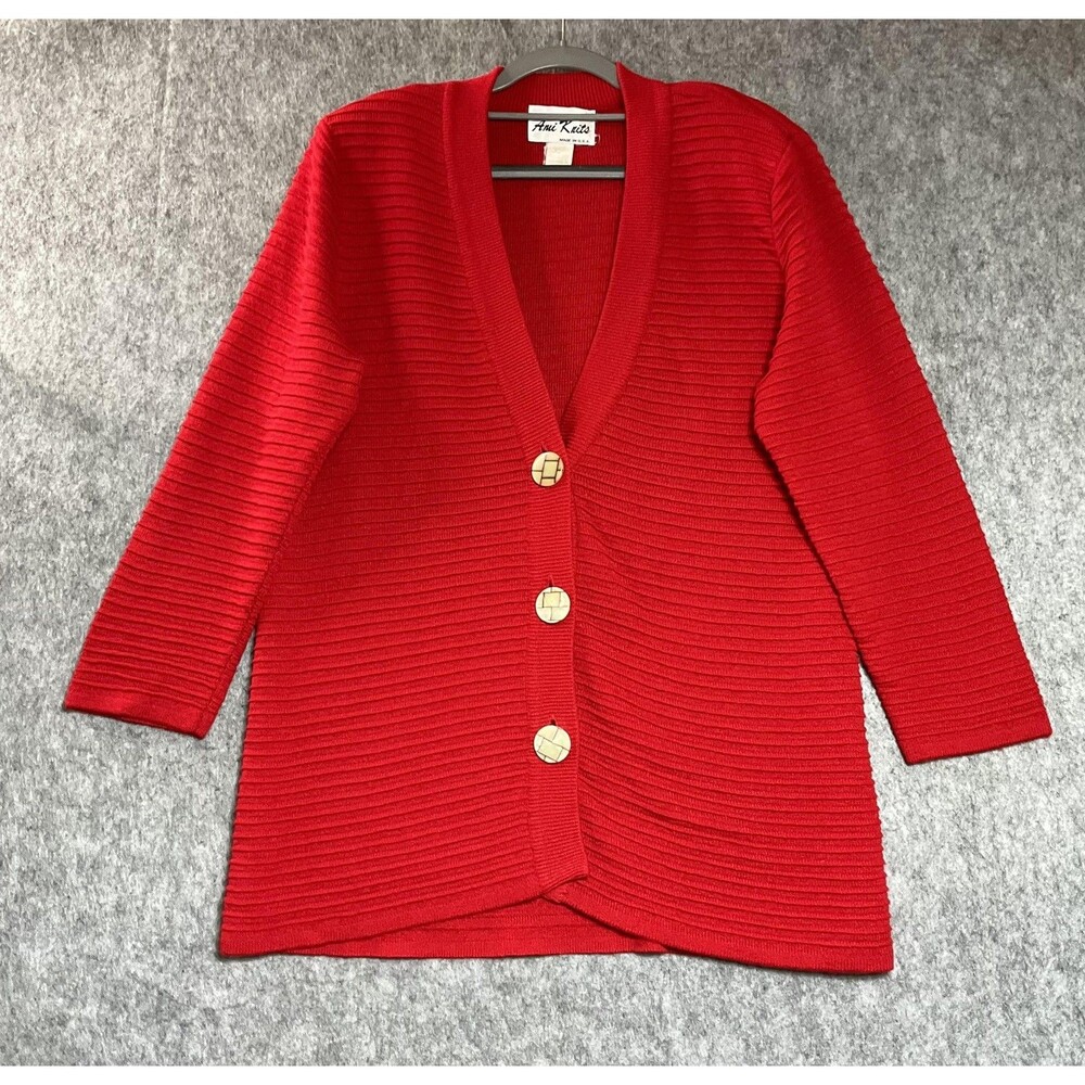 Vintage Ami Knits Cardigan Sweater Womens 16 Red Tight-Knit Button Front USA